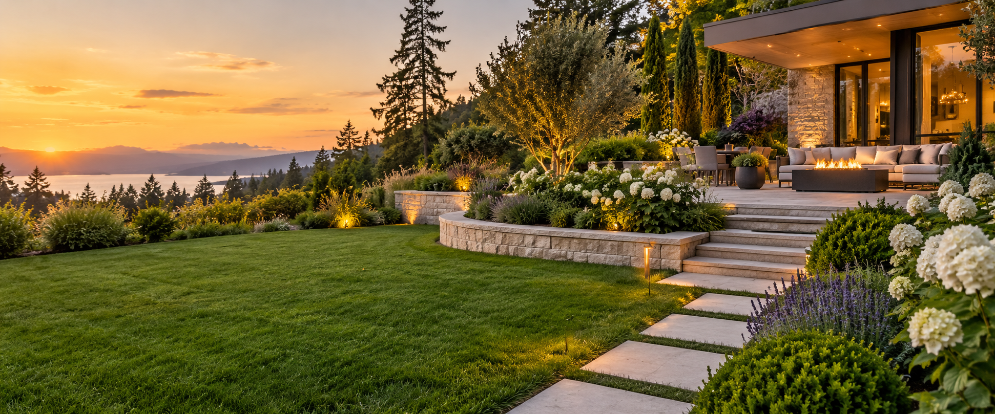 Luxury backyard landscape with lawn, terraces, and lighting