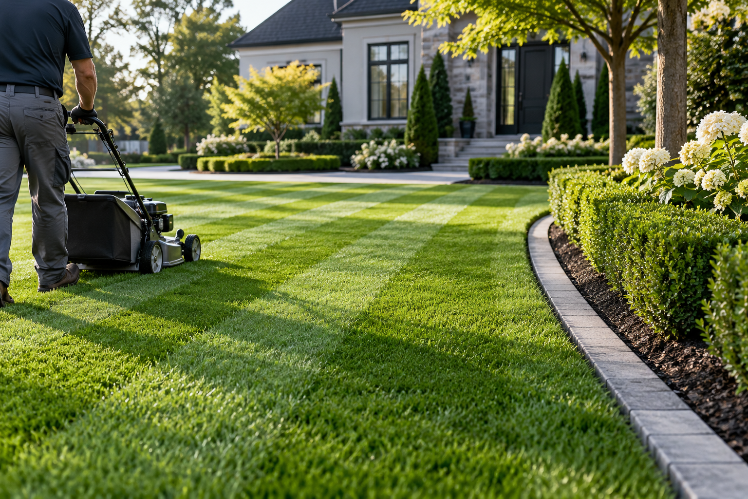 Freshly striped lawn with crisp garden edging